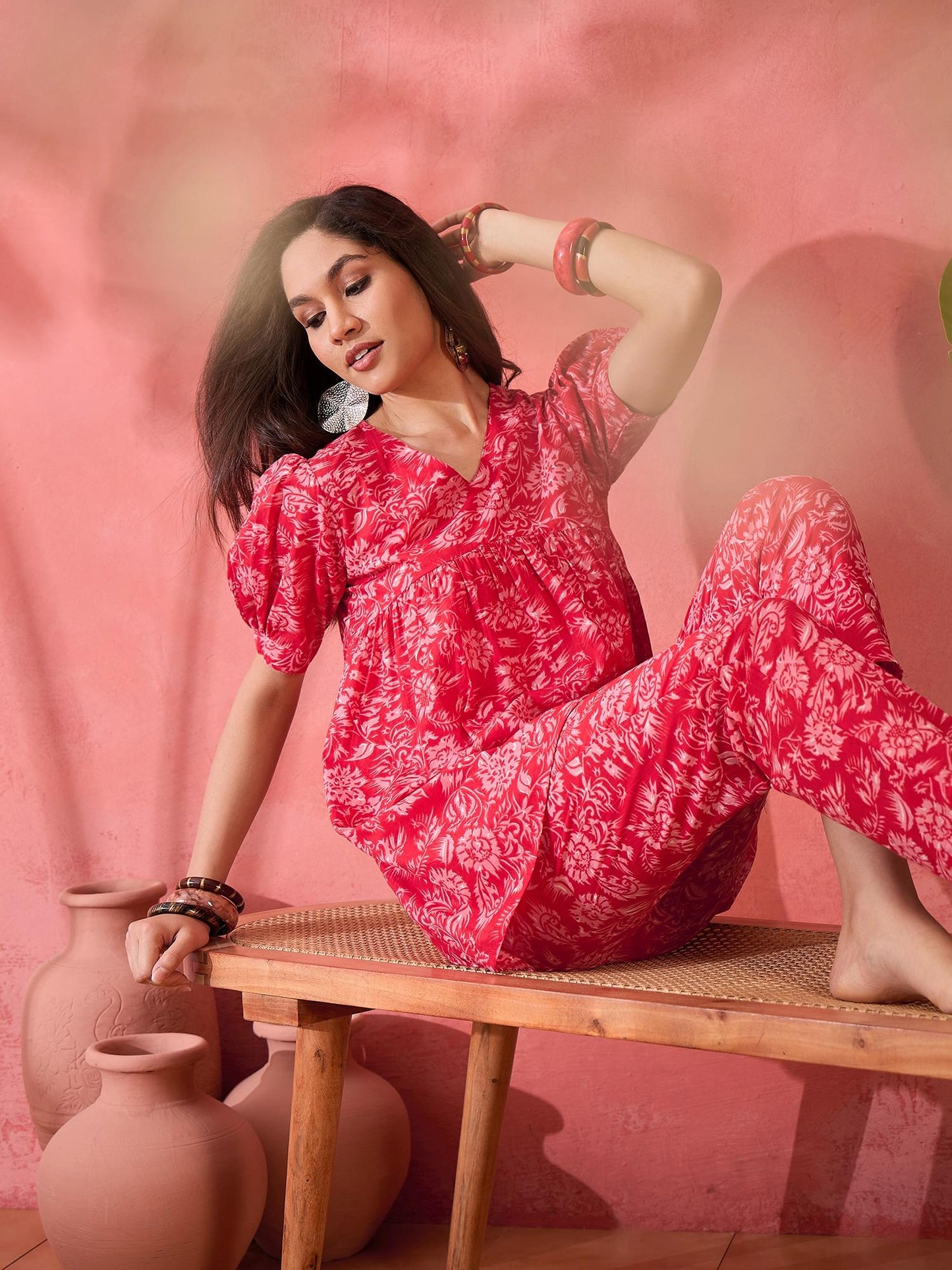Cotton Floral Printed with Gathered Detail Red Co-Ord (Set of 2)