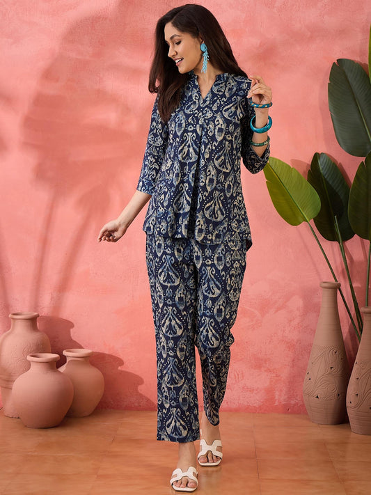 Cotton Ethnic Motifs Ikat Printed Navy Blue Co-Ord (Set of 2)