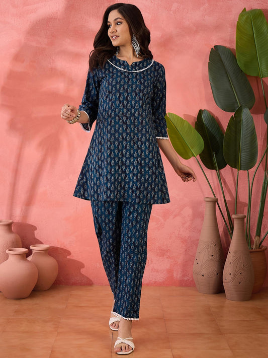 Cotton Ethnic Motifs Printed with Lace Embellished Navy Blue Co-Ord (Set of 2)