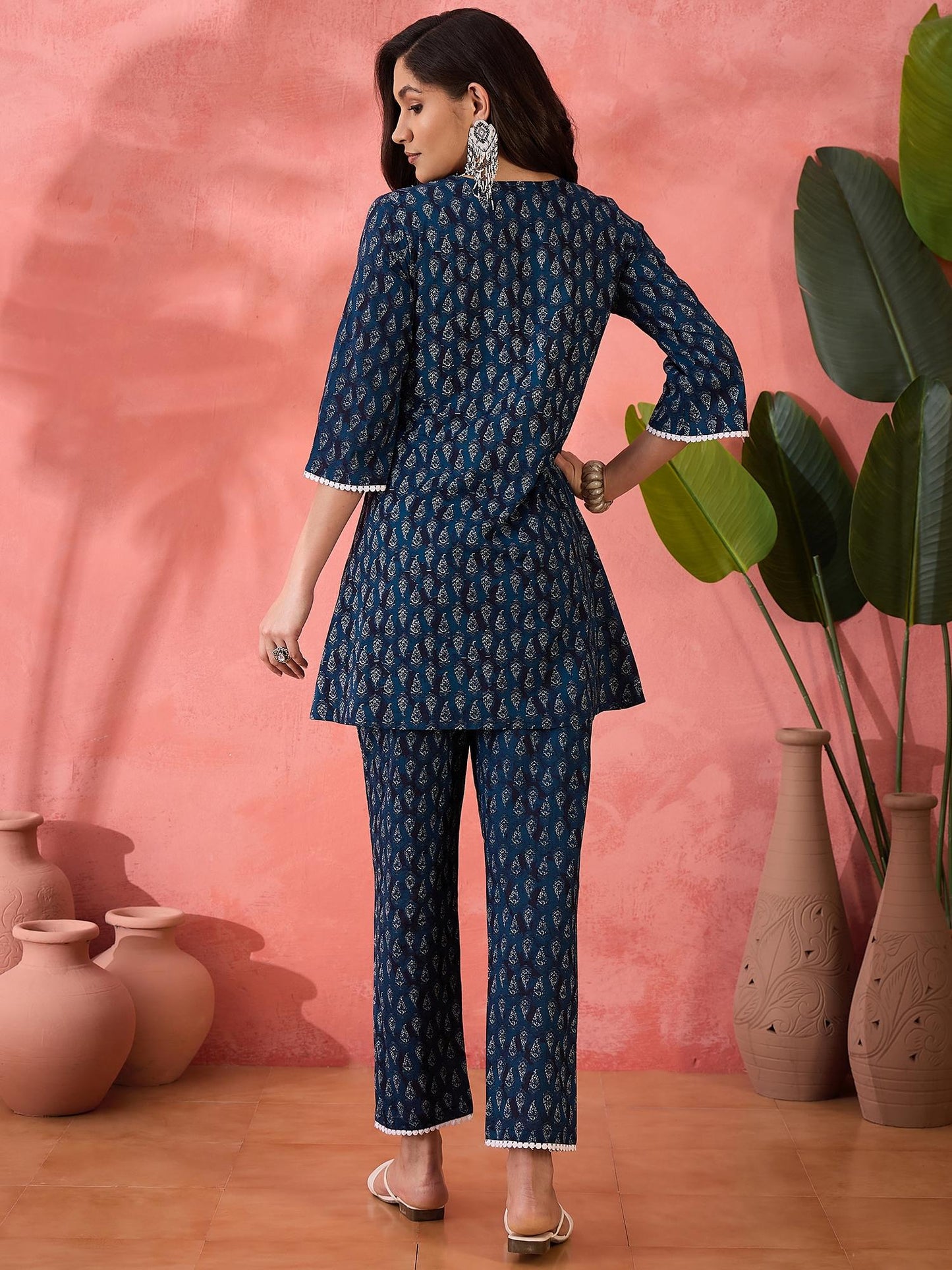 Cotton Ethnic Motifs Printed with Lace Embellished Navy Blue Co-Ord (Set of 2)