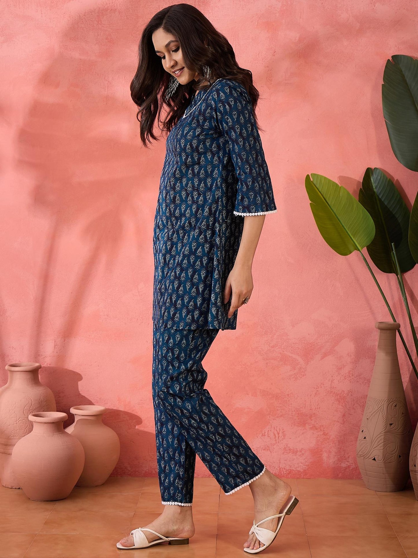 Cotton Ethnic Motifs Printed with Lace Embellished Navy Blue Co-Ord (Set of 2)