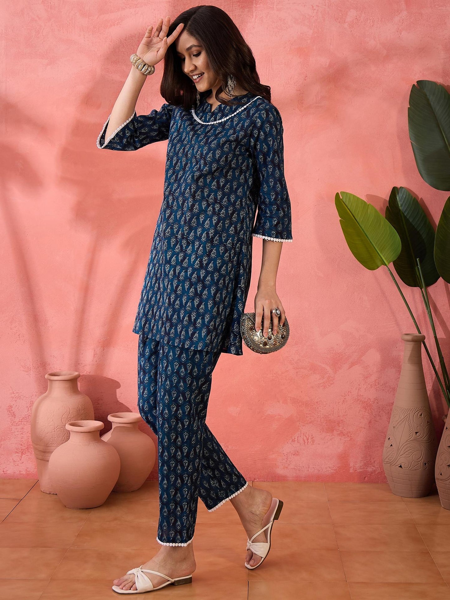 Cotton Ethnic Motifs Printed with Lace Embellished Navy Blue Co-Ord (Set of 2)