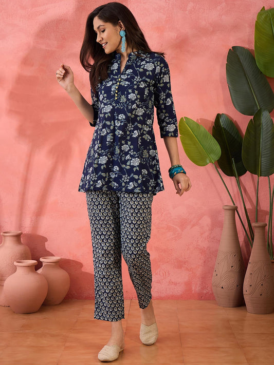Cotton Floral Printed Navy Blue Co-Ord (Set of 2)