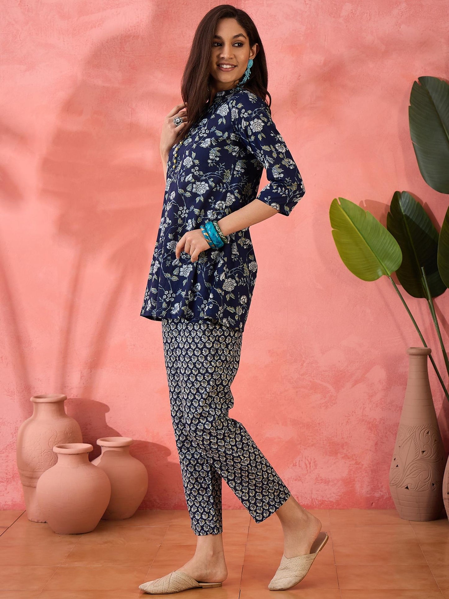 Cotton Floral Printed Navy Blue Co-Ord (Set of 2)
