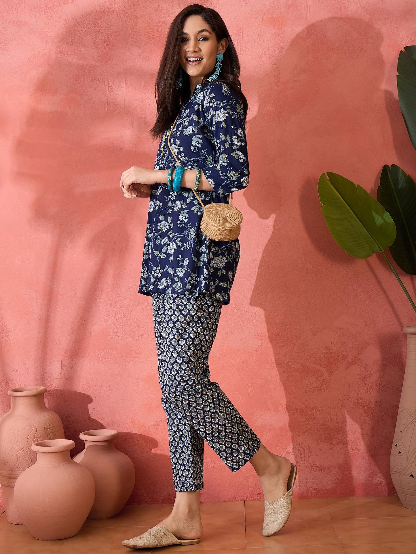 Cotton Floral Printed Navy Blue Co-Ord (Set of 2)