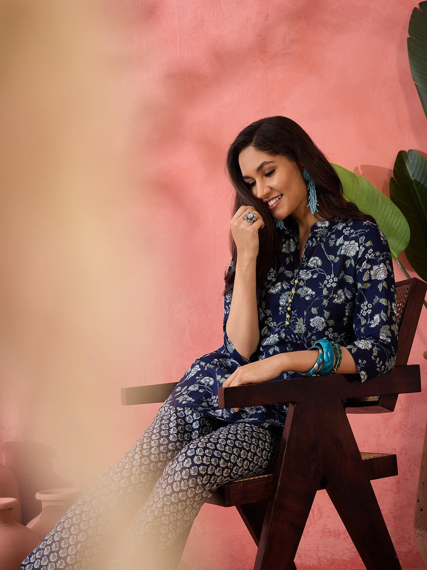 Cotton Floral Printed Navy Blue Co-Ord (Set of 2)