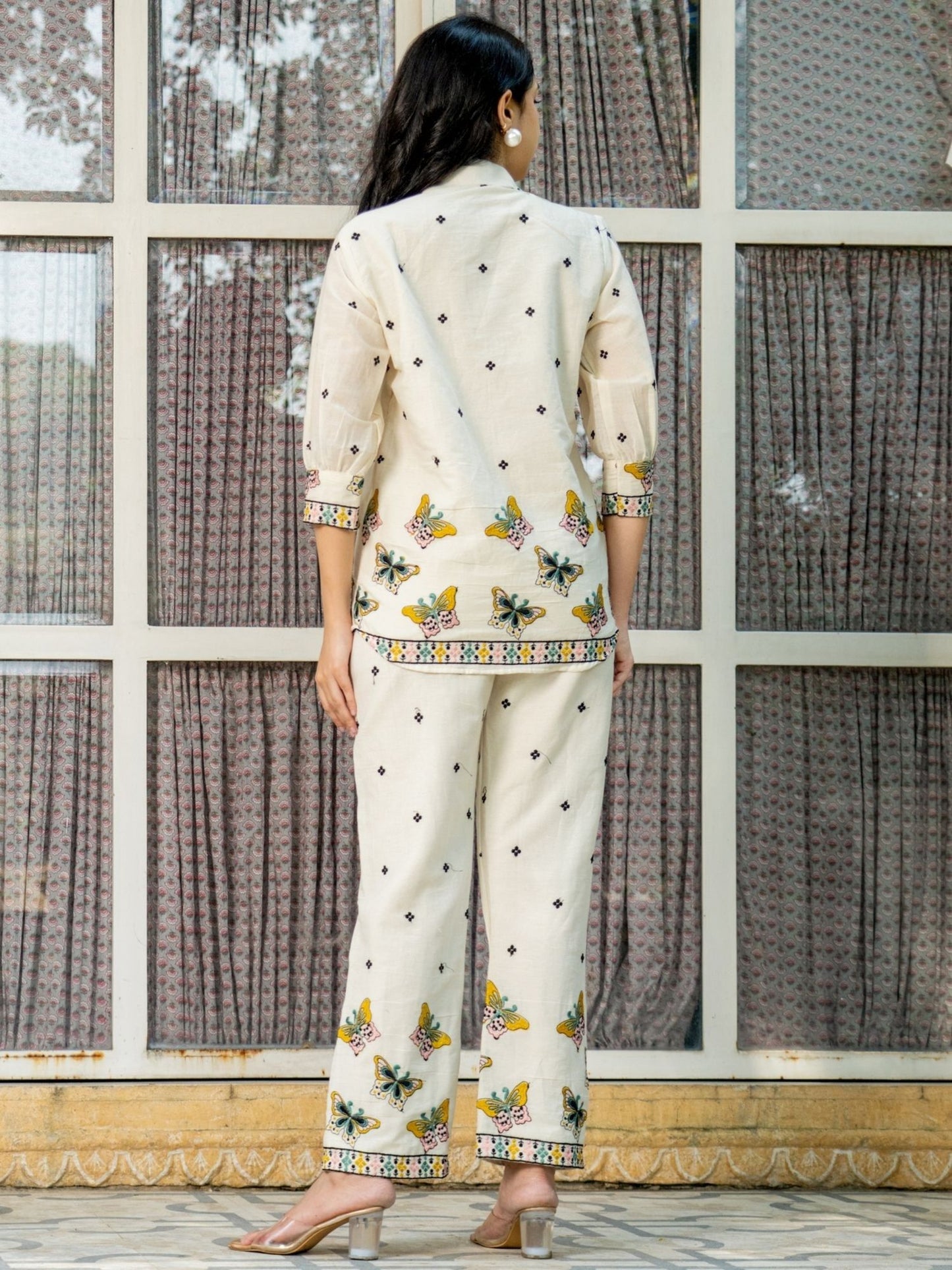 Embroidered White Cotton Butterfly Shirt with Pant (Set of 2)