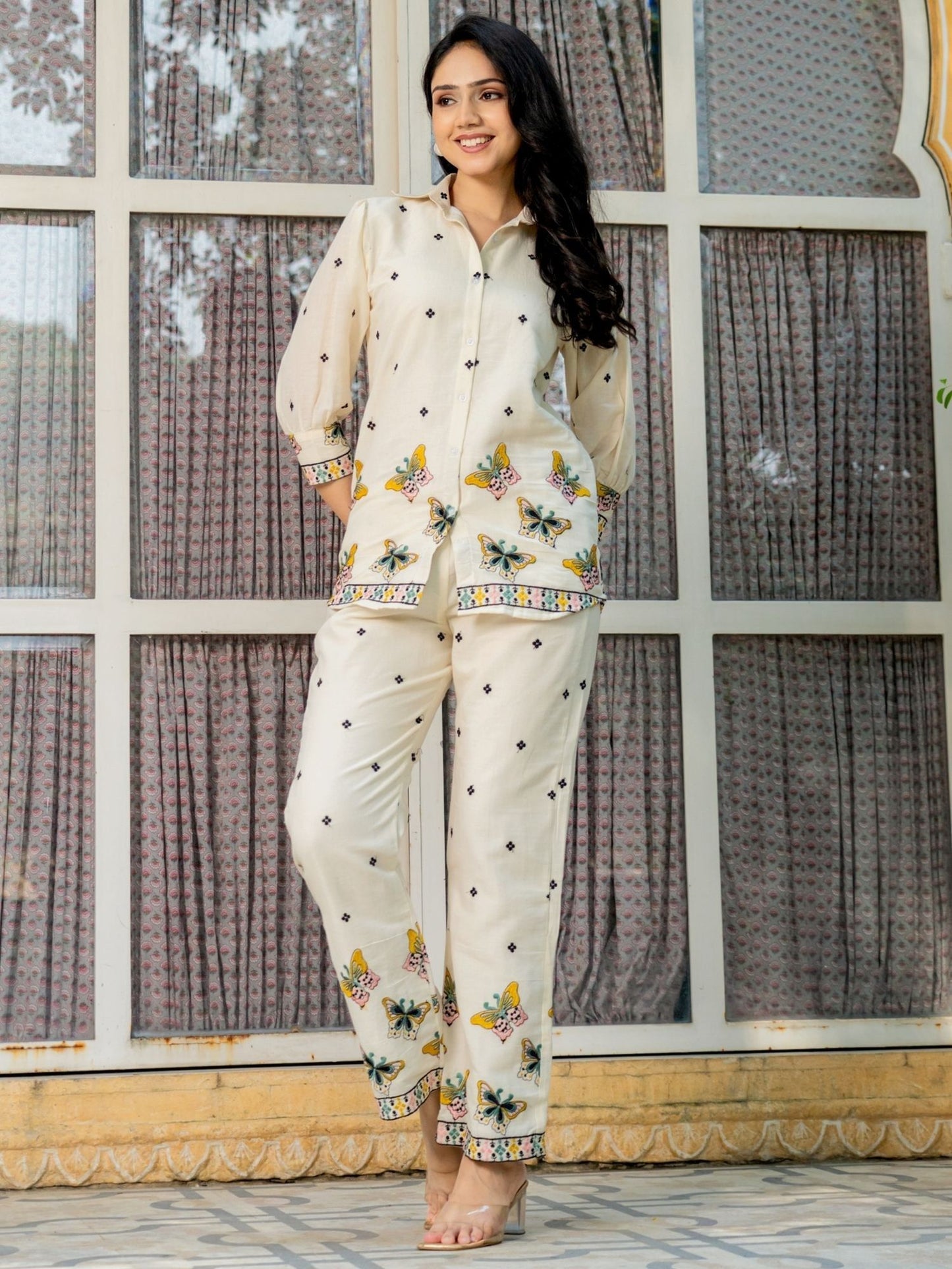 Embroidered White Cotton Butterfly Shirt with Pant (Set of 2)