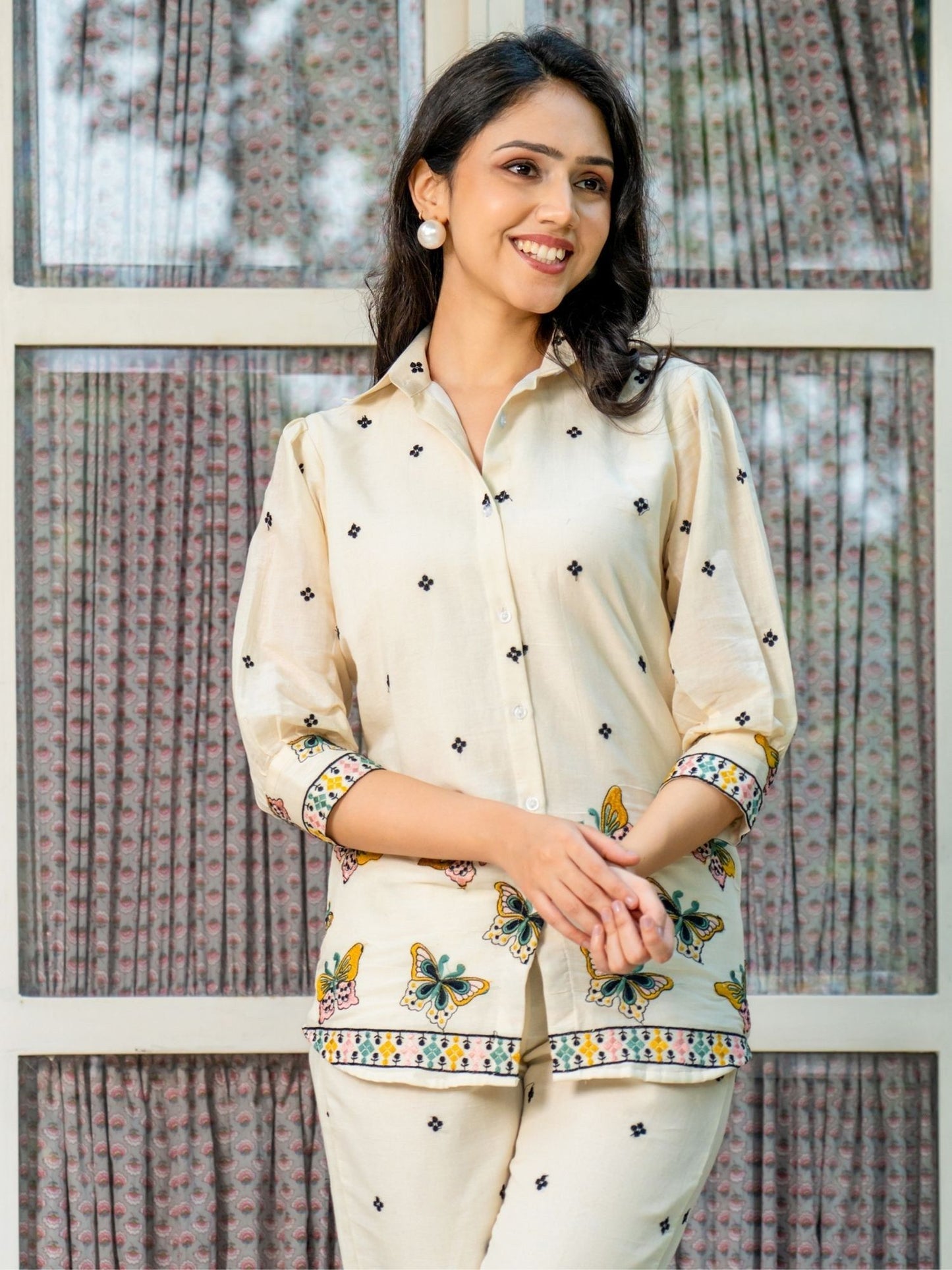 Embroidered White Cotton Butterfly Shirt with Pant (Set of 2)