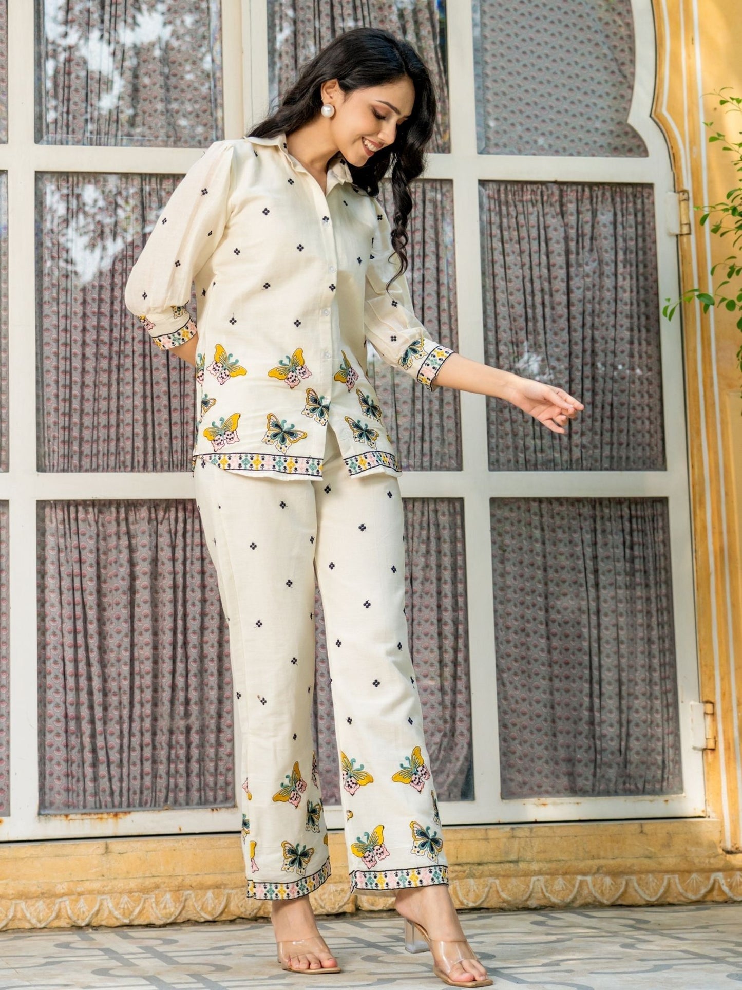 Embroidered White Cotton Butterfly Shirt with Pant (Set of 2)