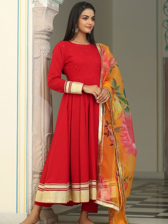 GILLORI Sequined & Gotta Patti Pure Cotton Anarkali Kurta & Trousers With Dupatta