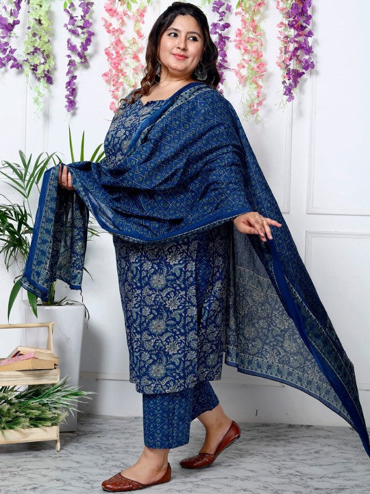 Swasti Plus Size Floral Printed Sequinned Pure Cotton Kurta With Trouser & Dupatta