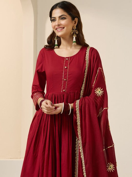 Ishin Gotta Patti Pure Cotton Round Neck Anarkali Kurta With Palazzos And Dupatta