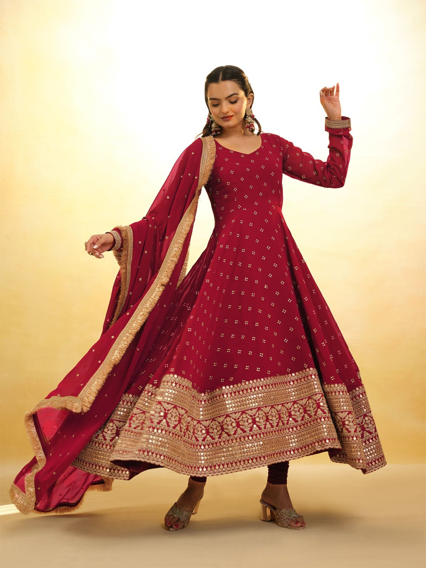 Georgette Embroidered Stitched Anarkali Kurta With Churidar &amp; Dupatta (Set of 3)