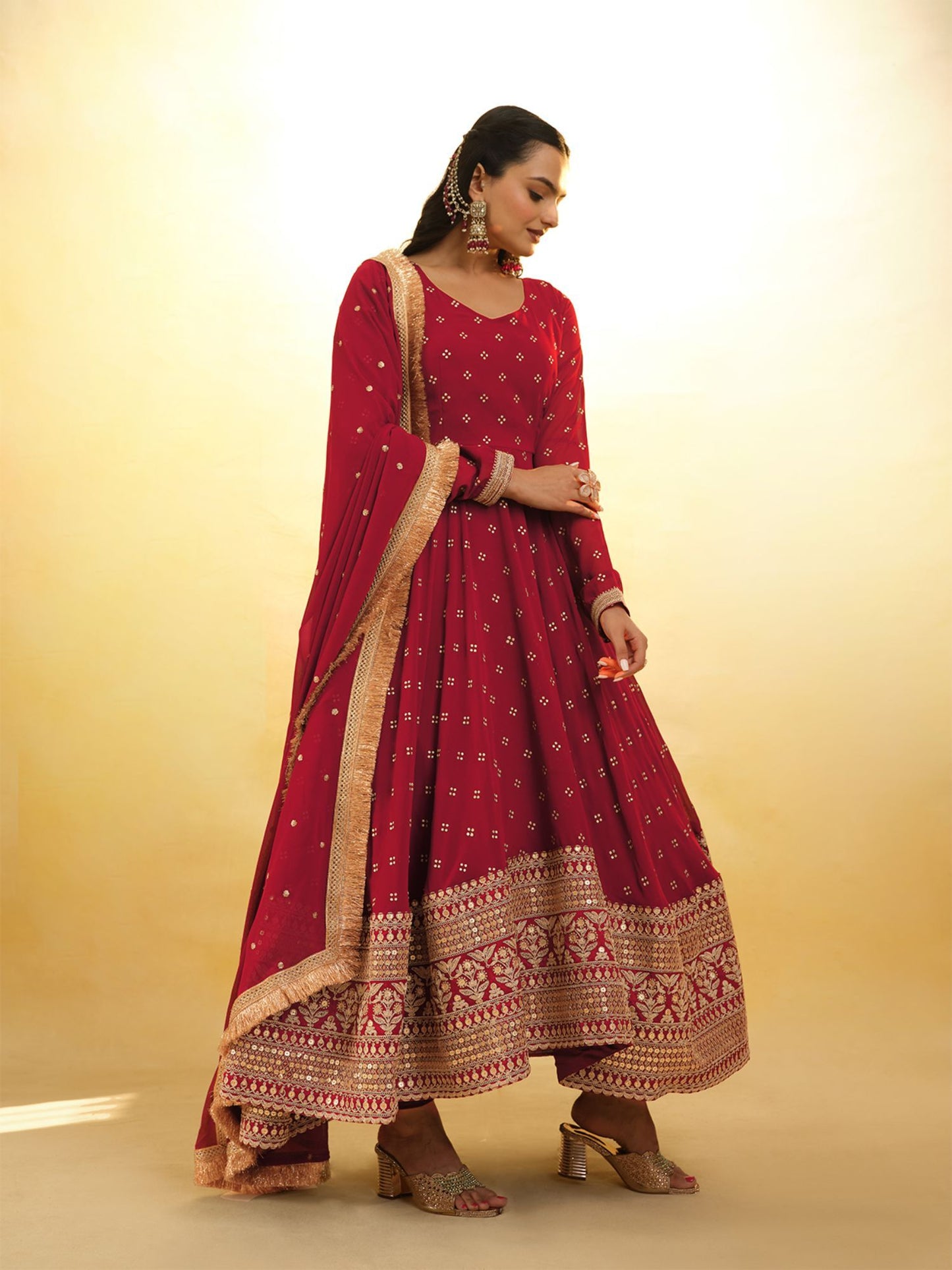 Georgette Embroidered Stitched Anarkali Kurta With Churidar &amp; Dupatta (Set of 3)