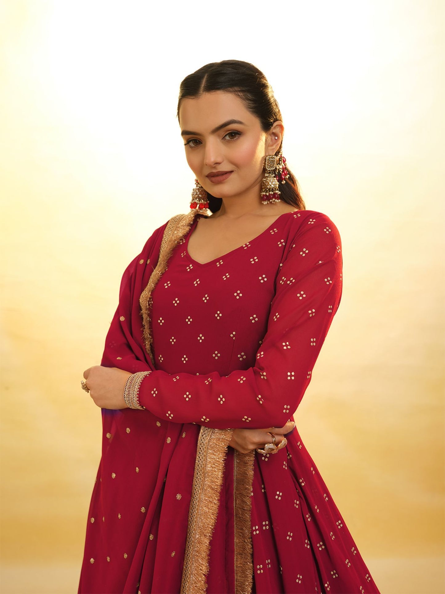 Georgette Embroidered Stitched Anarkali Kurta With Churidar &amp; Dupatta (Set of 3)