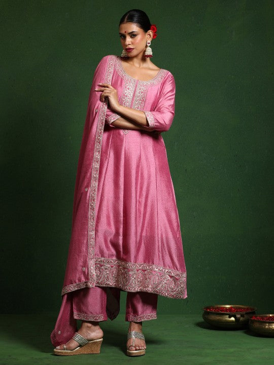 Varanga Floral Embroidered Round Neck A-Line Kurta