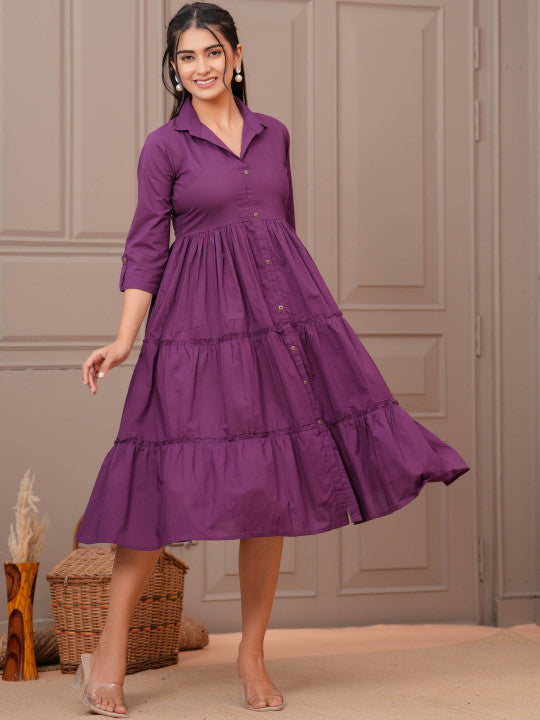 SZN Women Purple Shirt Collar Casual Wear Dress