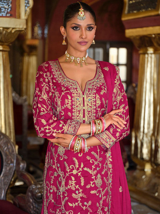 Indo Era Adults-Women Woven Design Embroidered Kurta with Palazzos & Dupatta