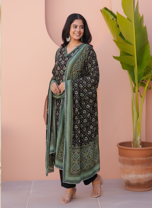 Embroidered Soft Cotton Floral A-line Black Kurta