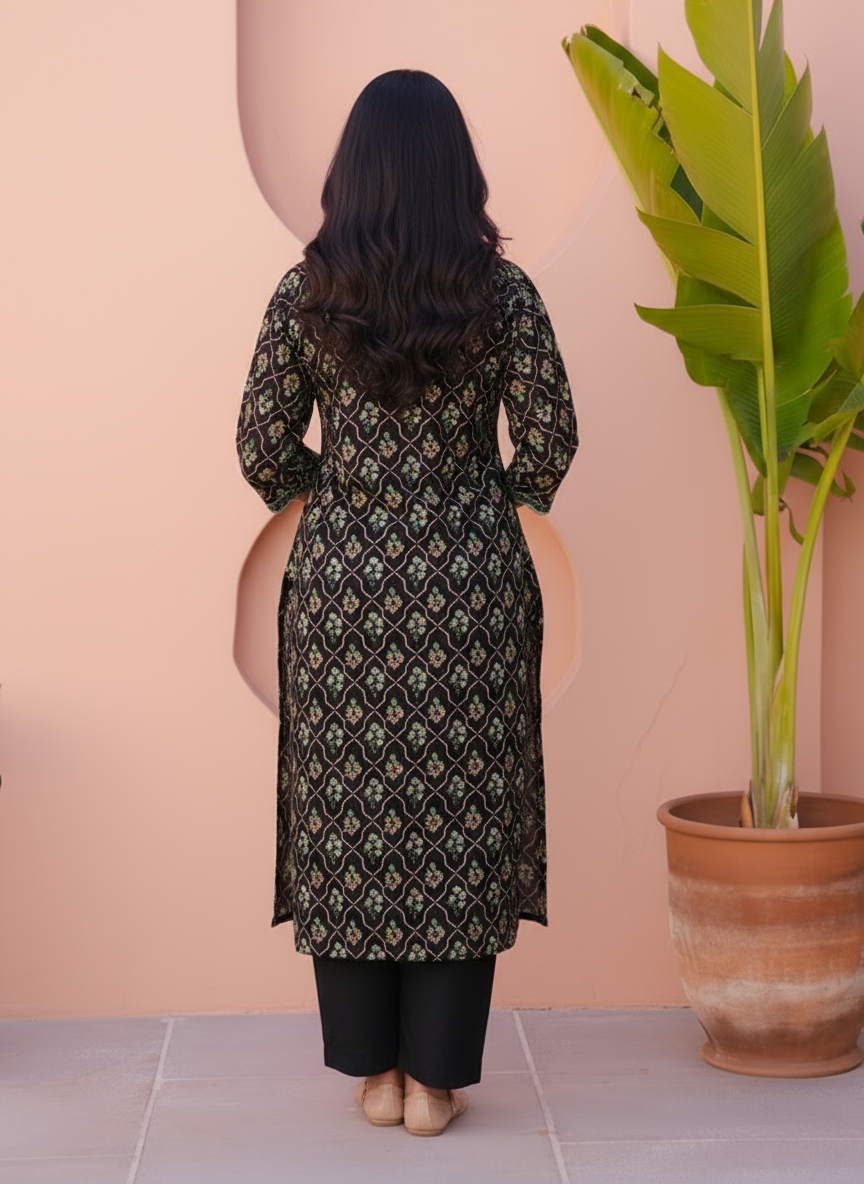 Embroidered Soft Cotton Floral A-line Black Kurta