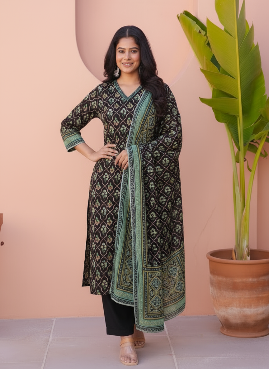 Embroidered Soft Cotton Floral A-line Black Kurta