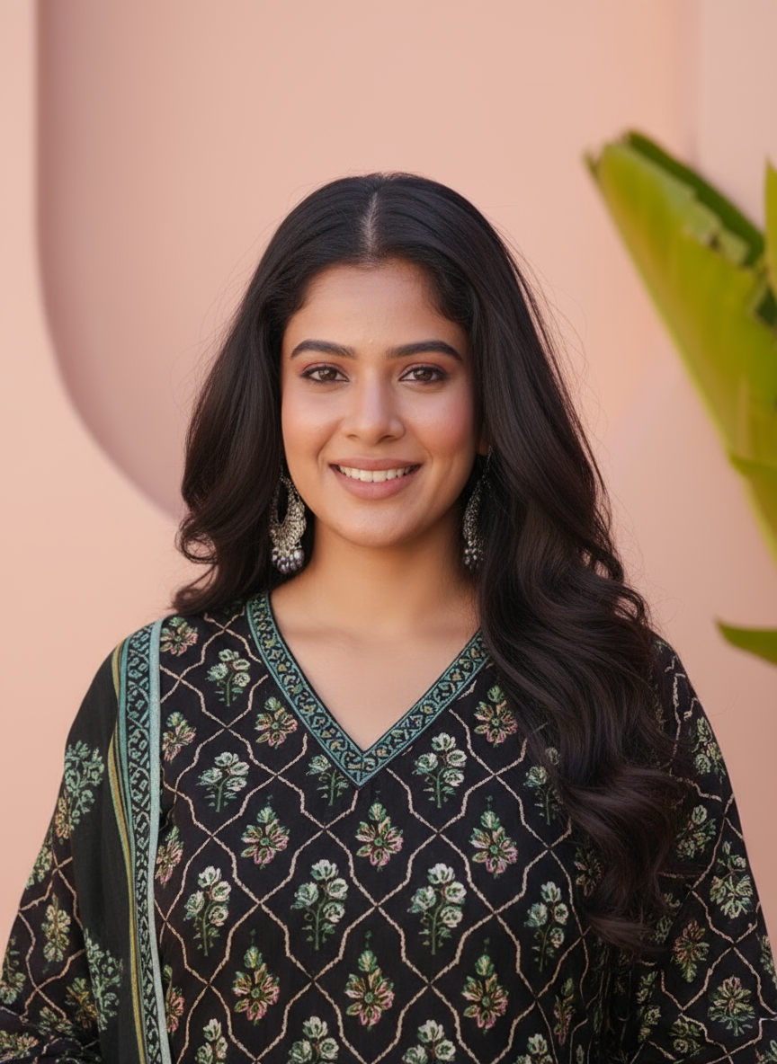 Embroidered Soft Cotton Floral A-line Black Kurta