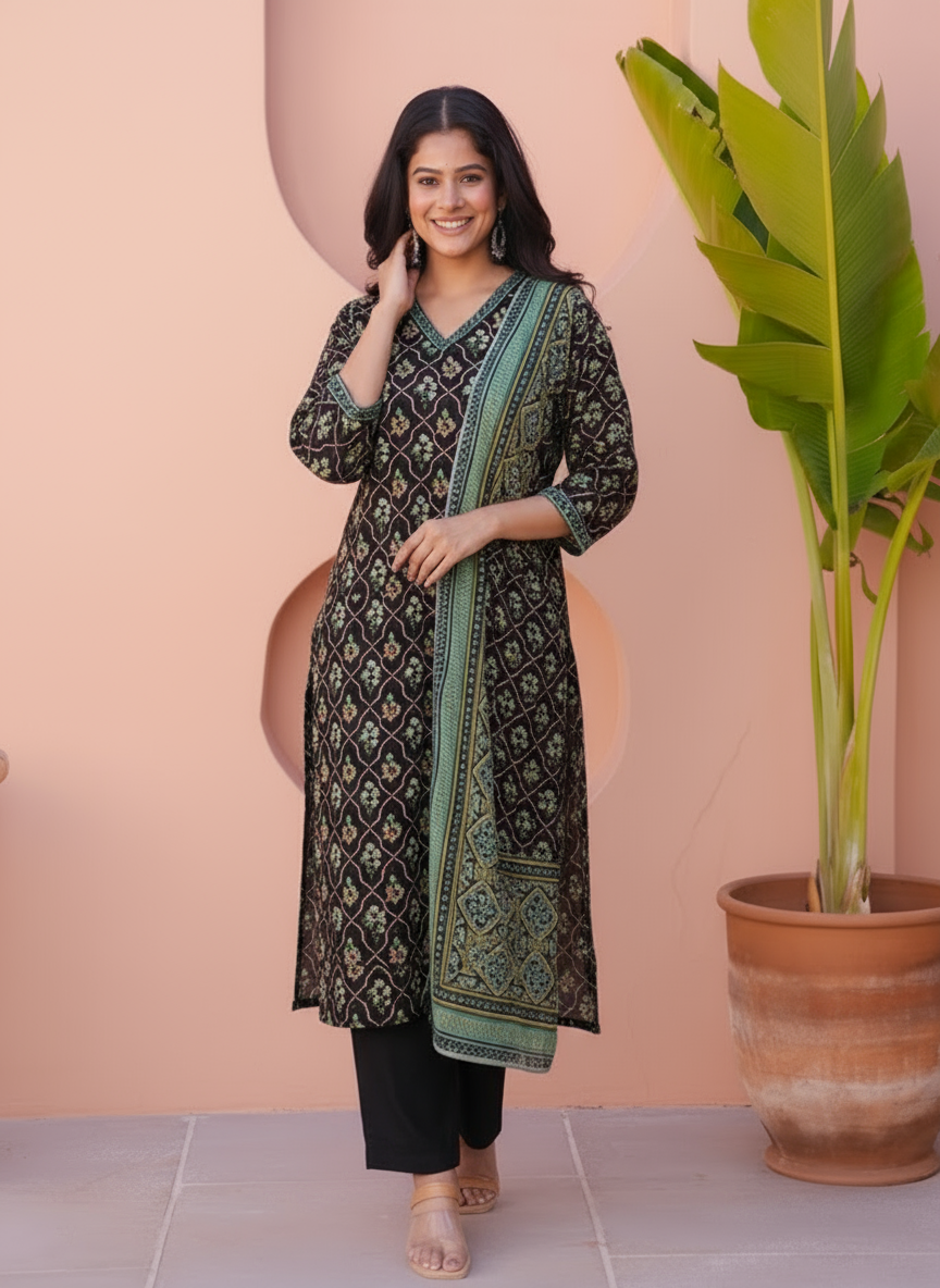 Embroidered Soft Cotton Floral A-line Black Kurta