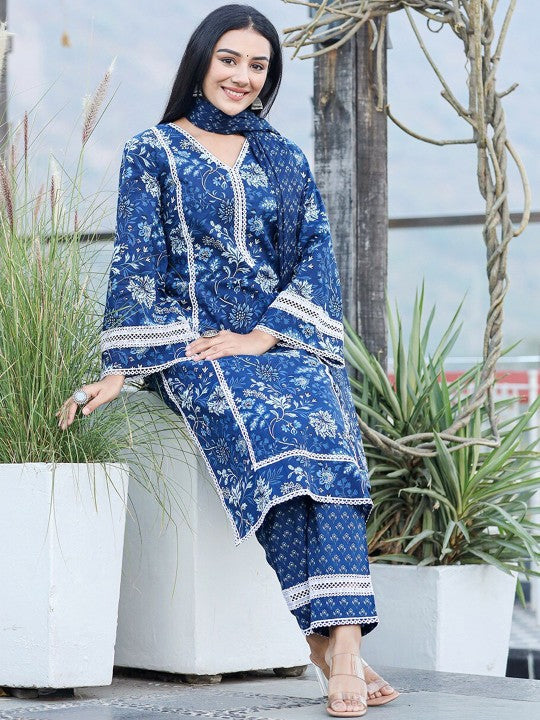 Yufta Floral Embroidered Thread Work Pure Cotton Kurta With Trousers & Dupatta