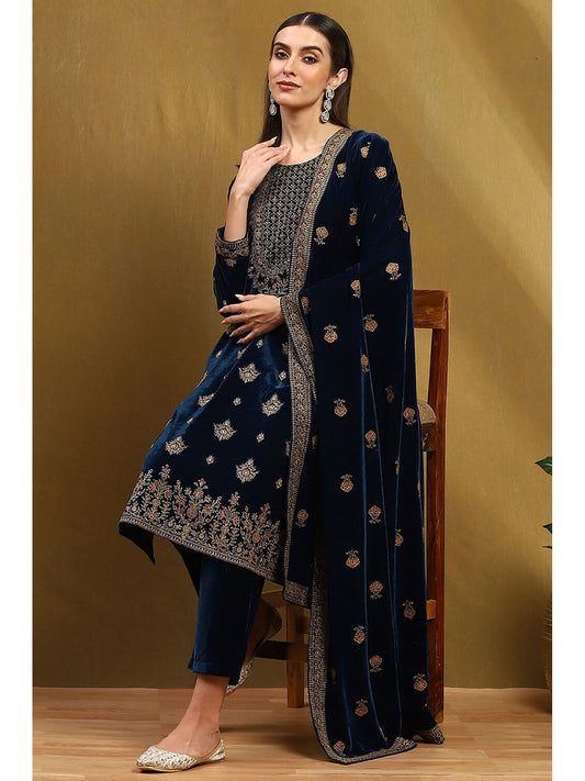 Blue Floral Kurta with Palazzo and Dupatta (Set of 3)