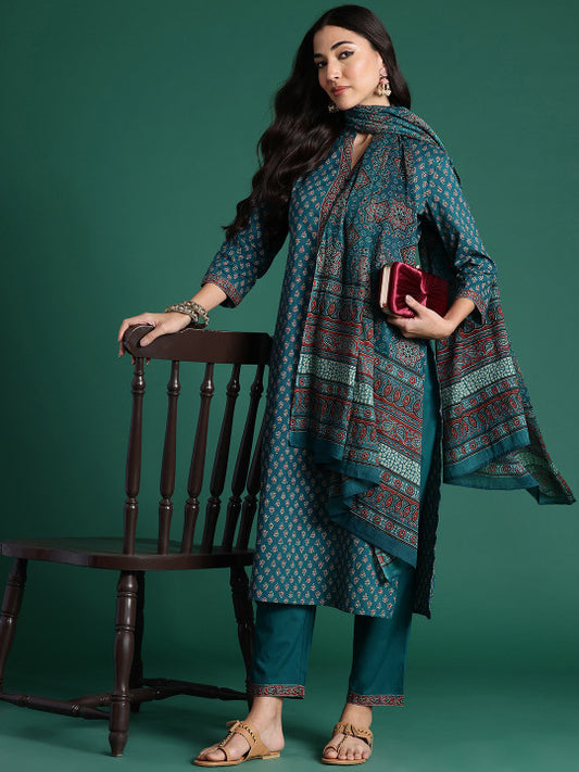 Indo Era Ethnic Motifs Printed Pure Cotton Kurta With Trousers & Dupatta
