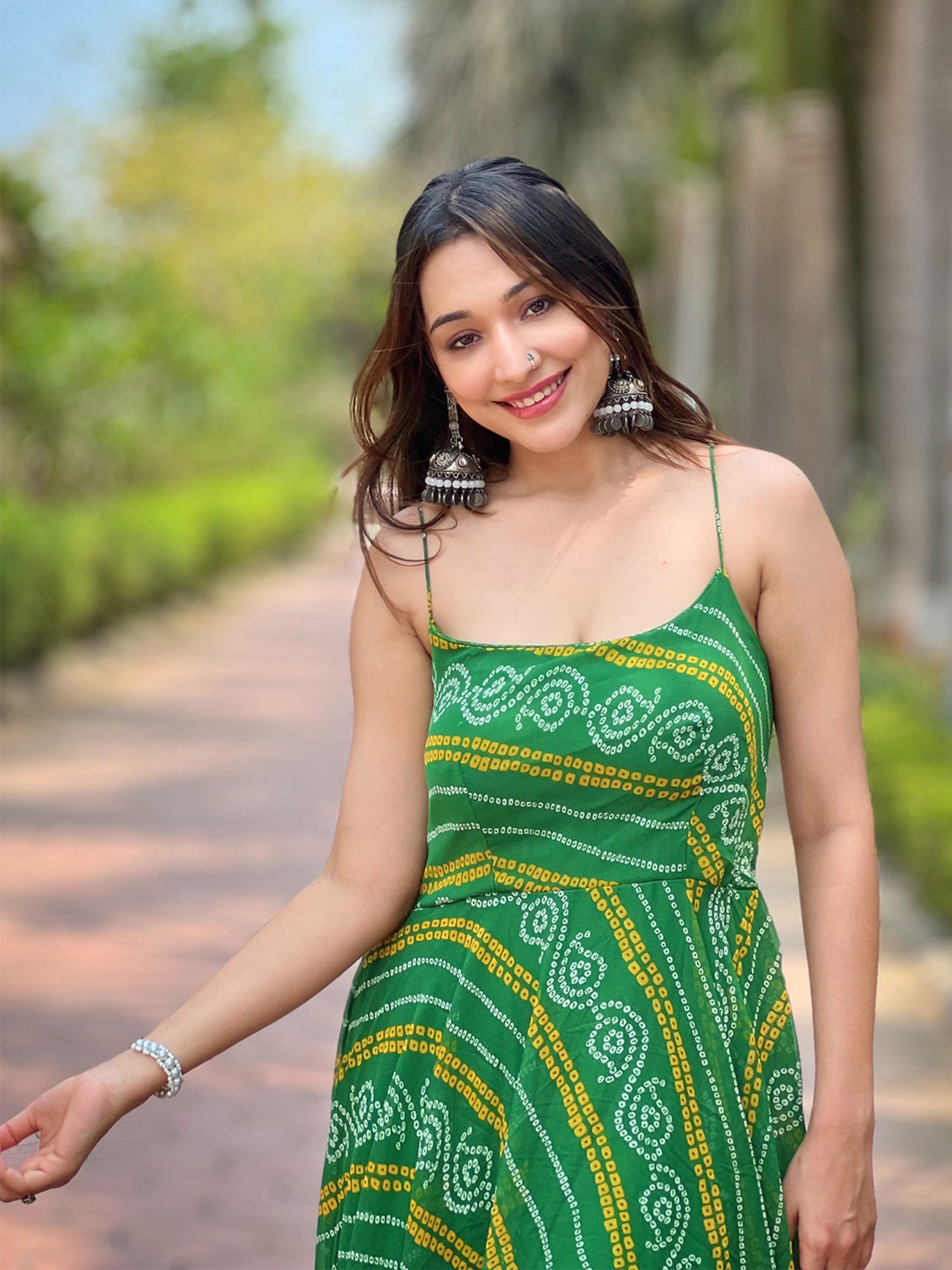 Forest Green Long Printed Dress