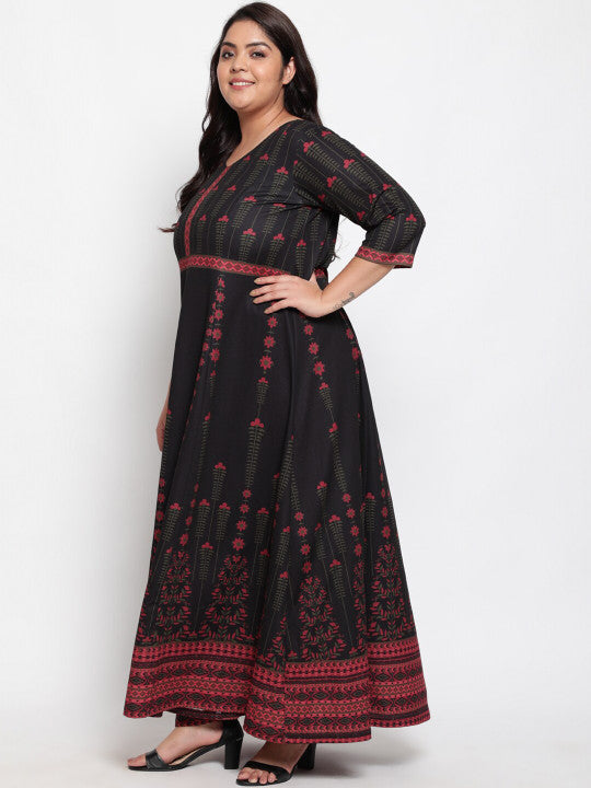 Amydus Plus Size Black & Red Ethnic Motifs Maxi Dress