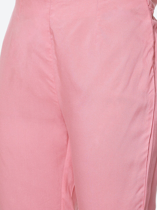 Biba Women Pink Floral Printed High Slit Kurta with Trousers & With Dupatta