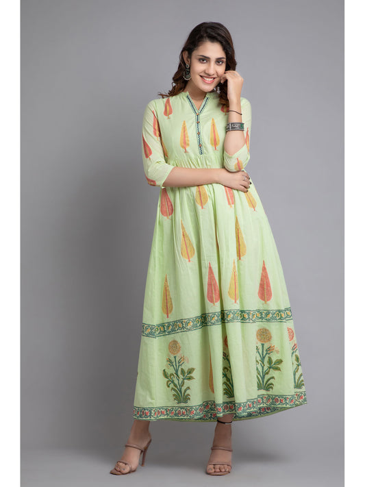 Women Rayon Floral Printed Long Flair Dress Green
