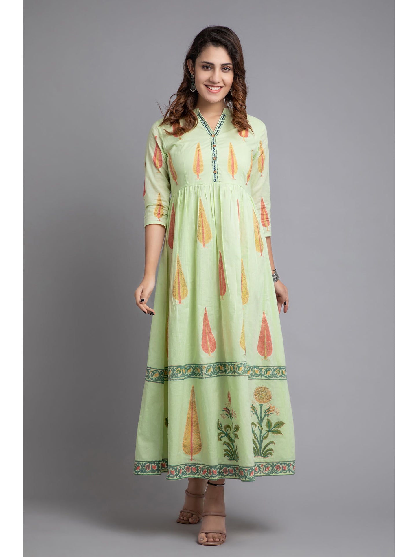Women Rayon Floral Printed Long Flair Dress Green