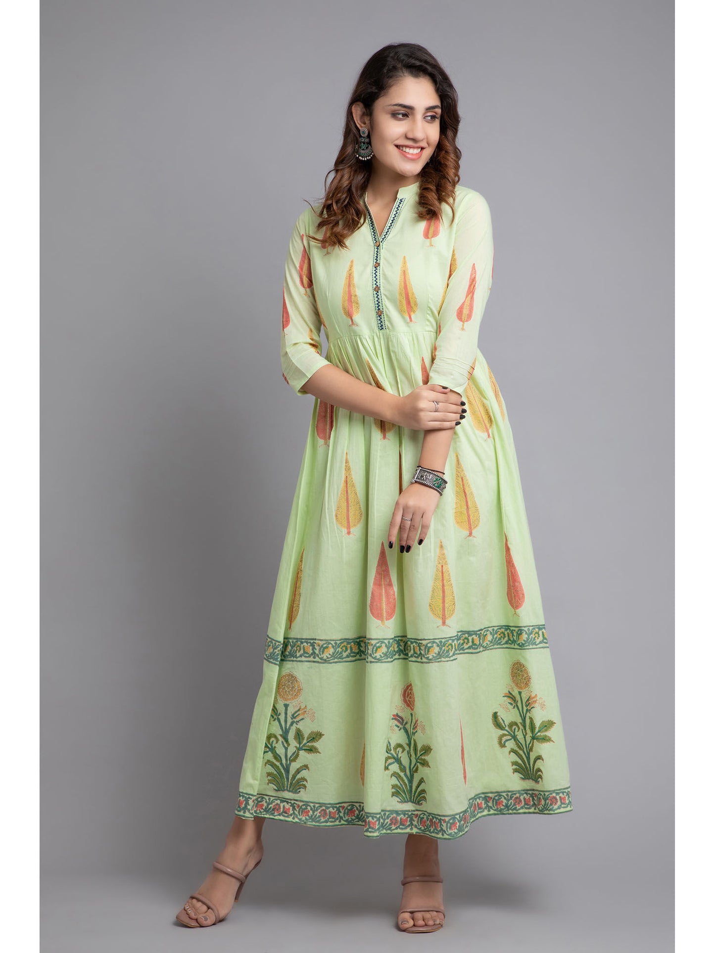 Women Rayon Floral Printed Long Flair Dress Green