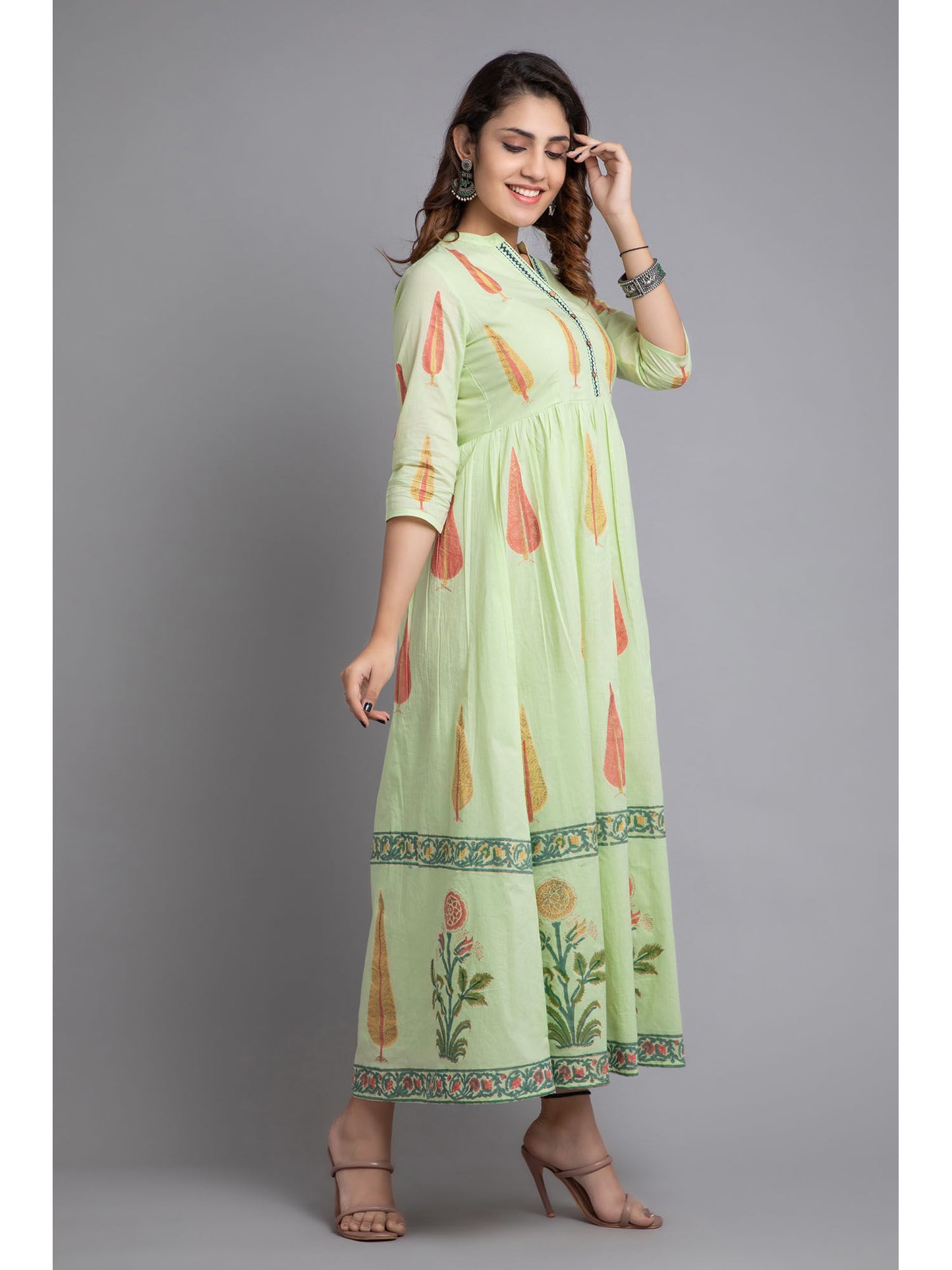 Women Rayon Floral Printed Long Flair Dress Green