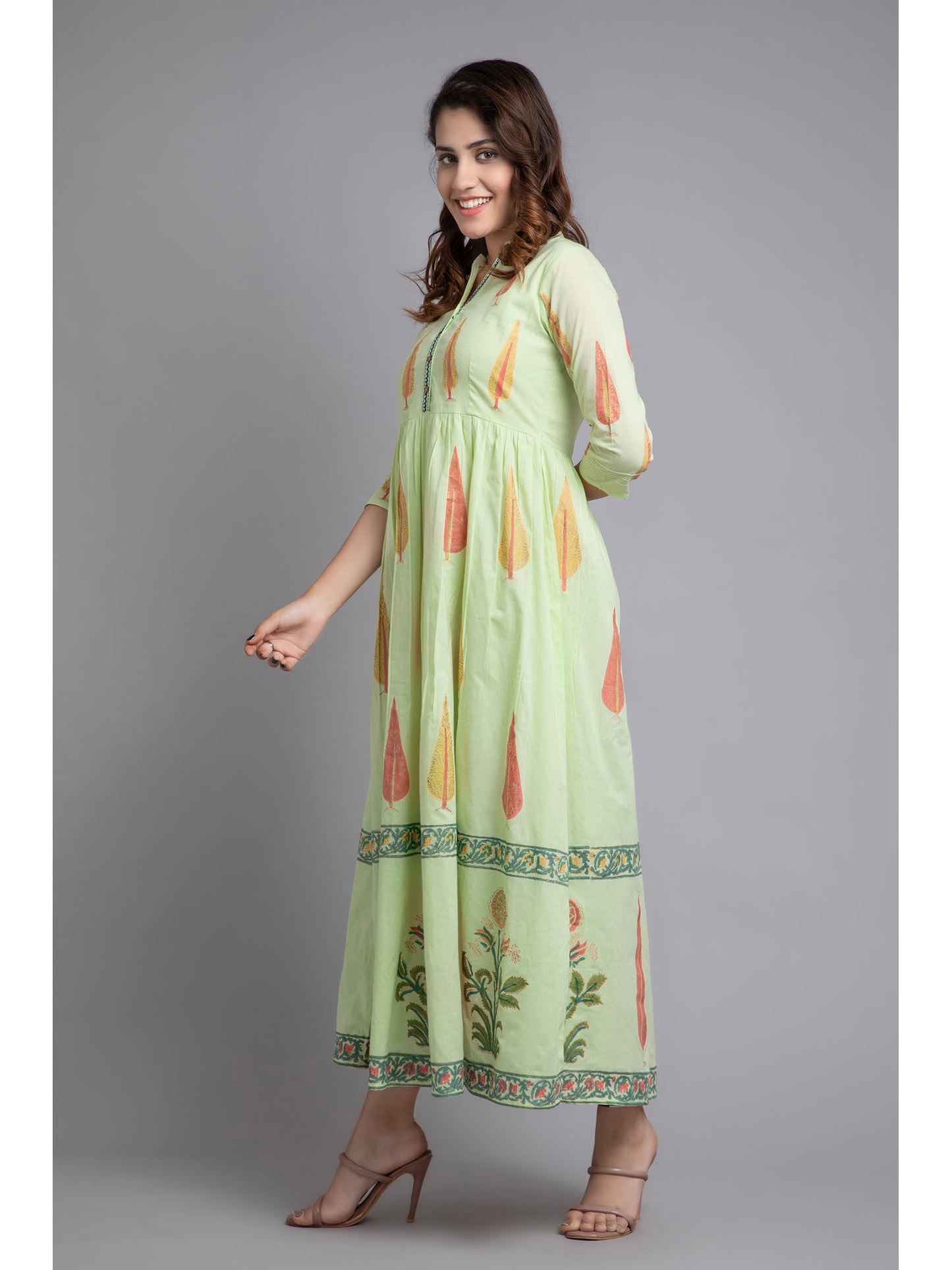 Women Rayon Floral Printed Long Flair Dress Green