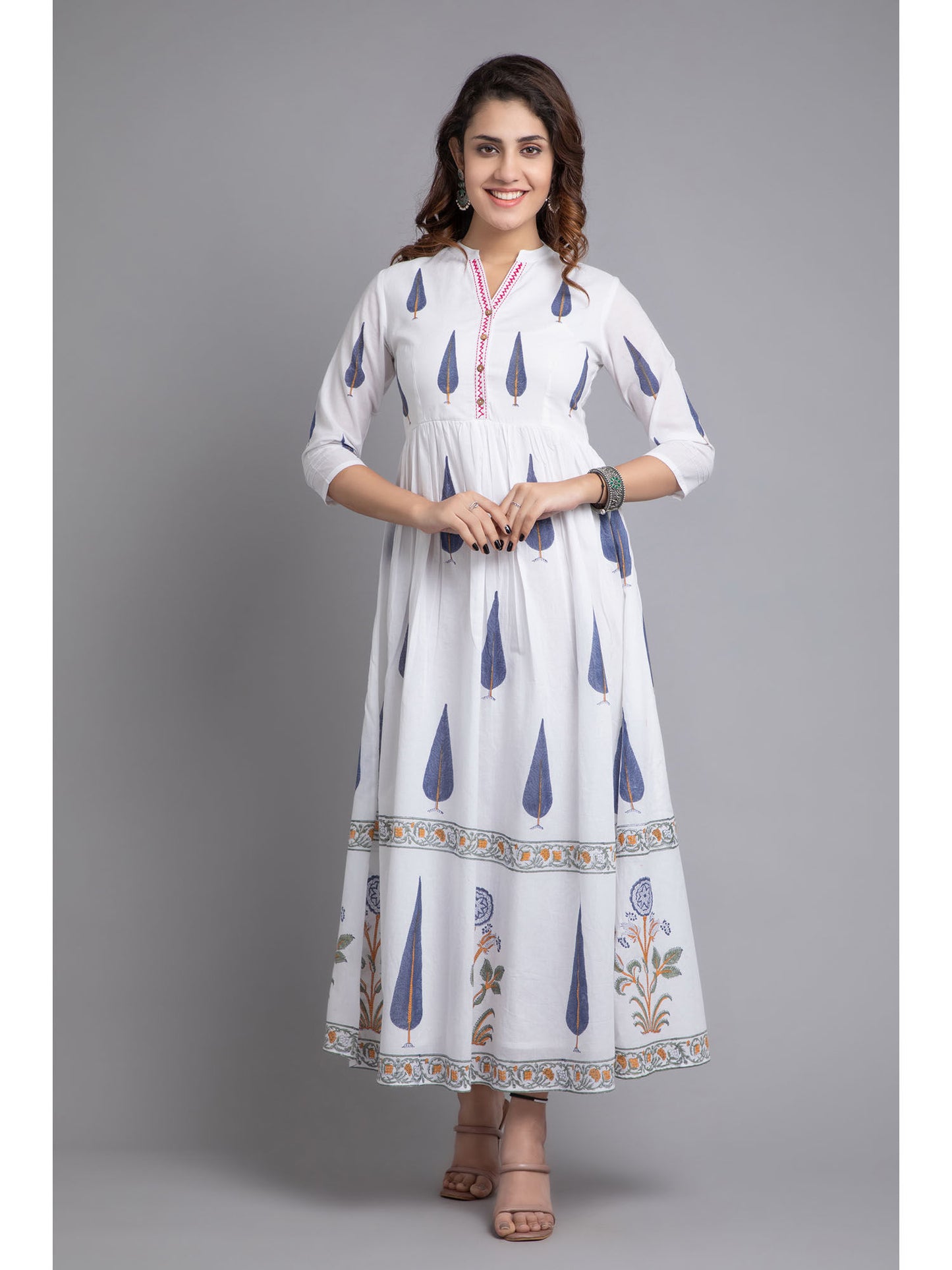 Women Rayon Floral Printed Long Flair Dress White
