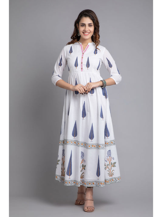 Women Rayon Floral Printed Long Flair Dress White