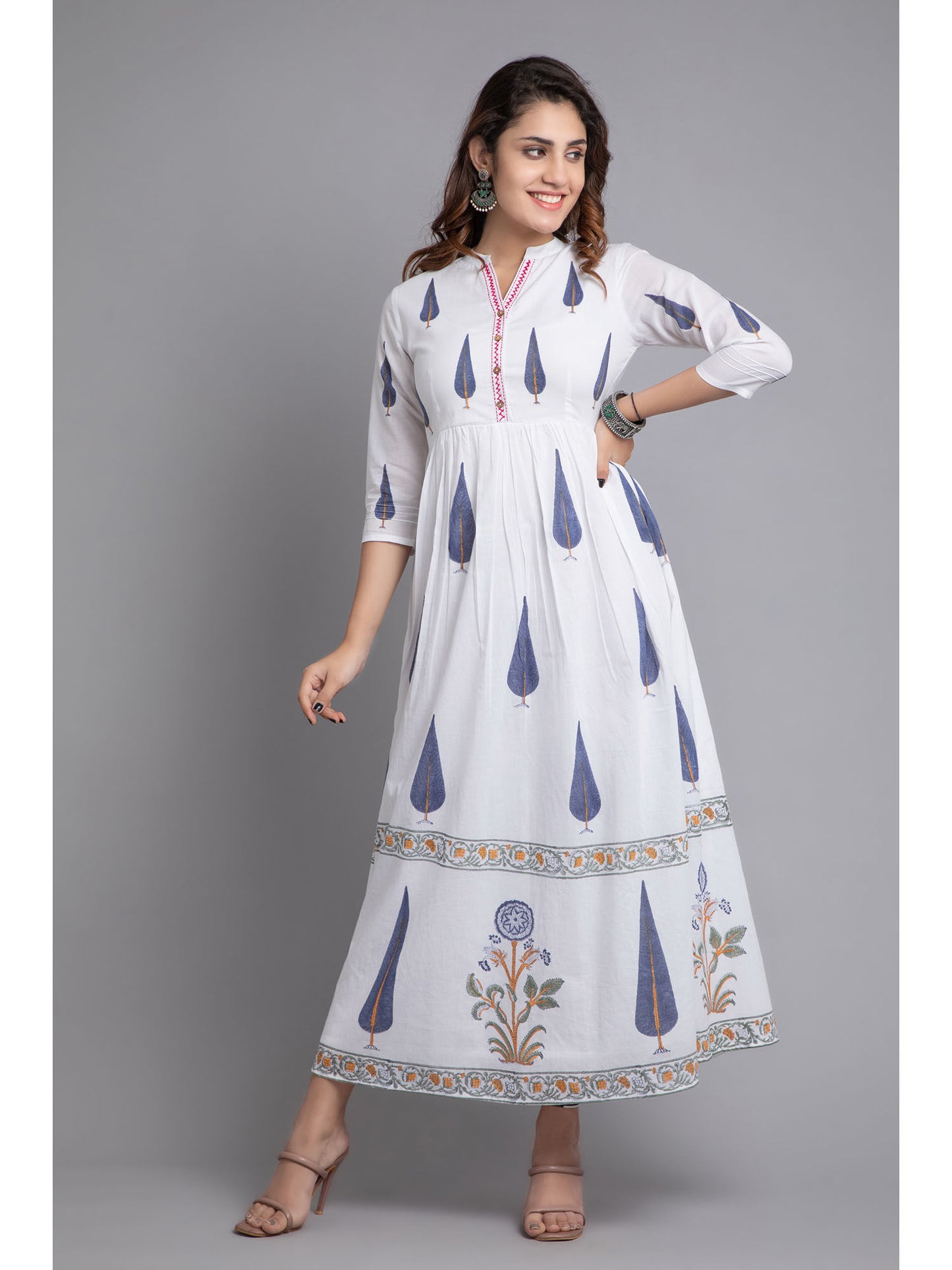 Women Rayon Floral Printed Long Flair Dress White