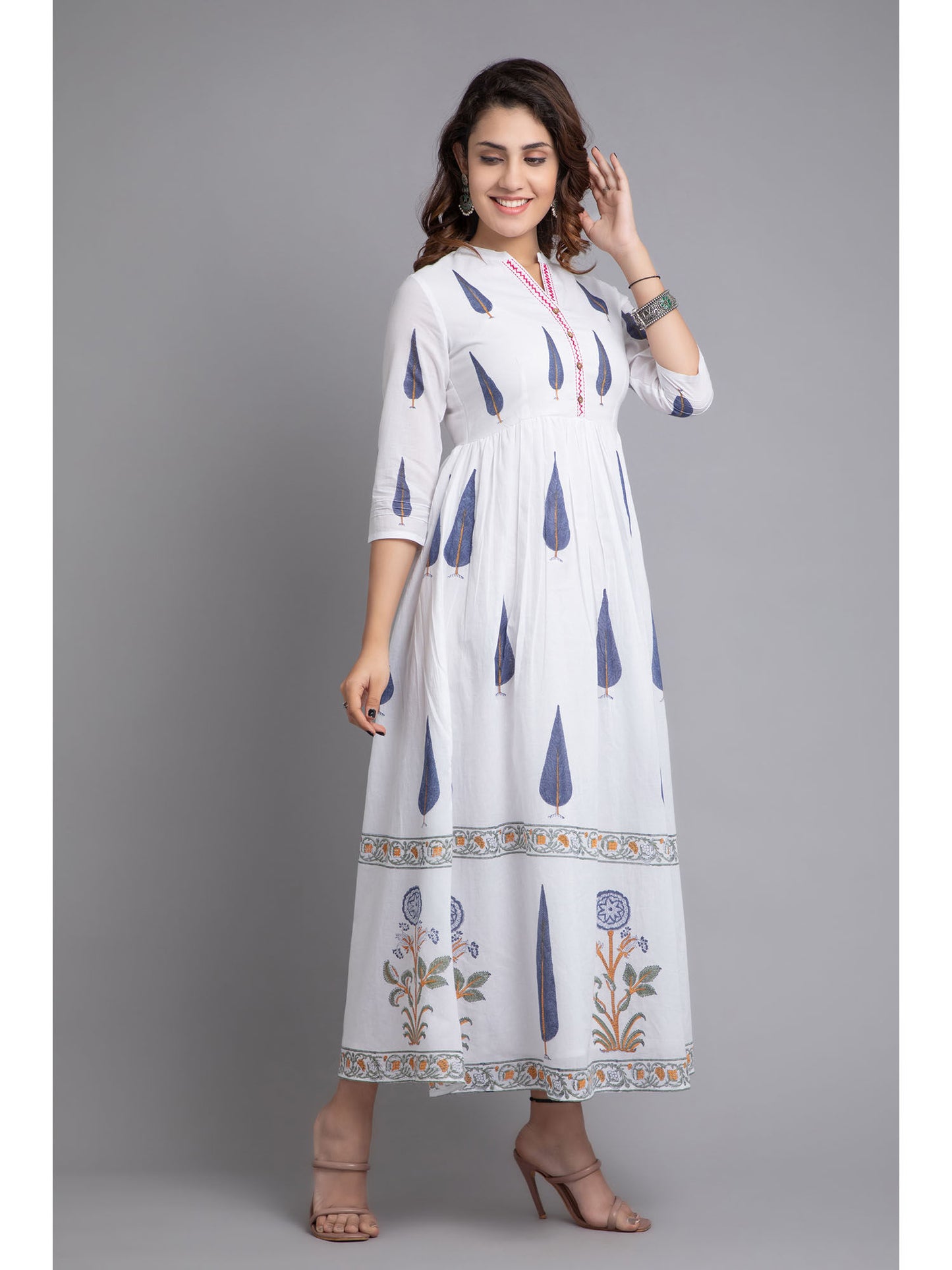 Women Rayon Floral Printed Long Flair Dress White