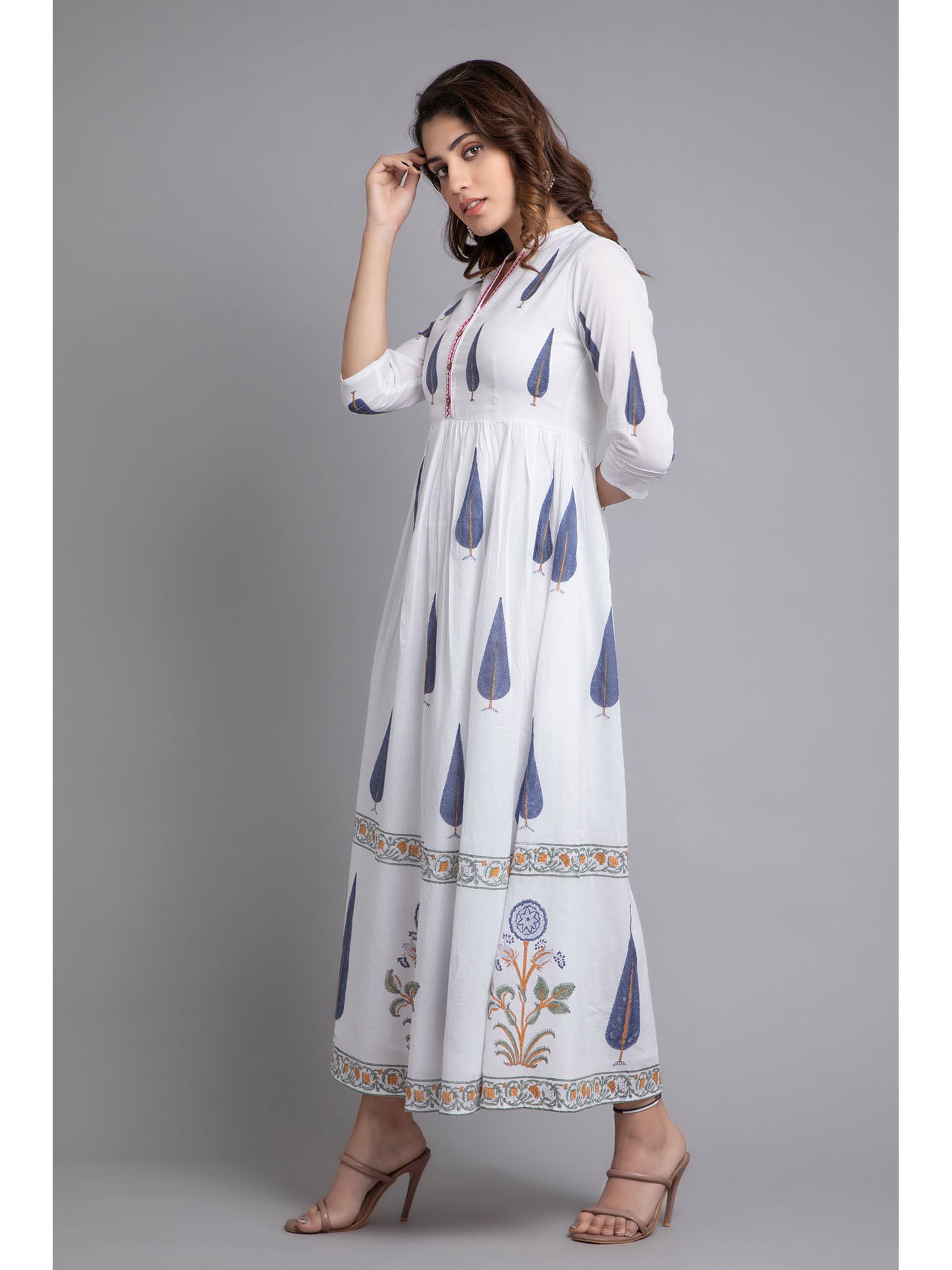 Women Rayon Floral Printed Long Flair Dress White