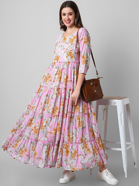 Haute and Humble Floral Printed Pure Cotton Maxi Ethnic Dress