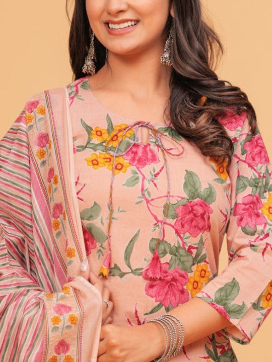 TANISHA Floral Printed Tie-Up Neck Straight Kurta With Trousers And Dupatta