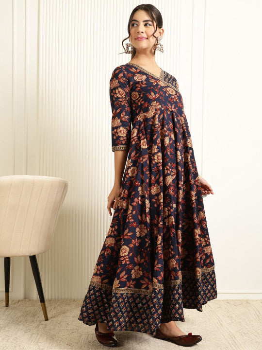 GULMOHAR JAIPUR Women Floral Print Fit & Flare Maxi Cotton Ethnic Dress