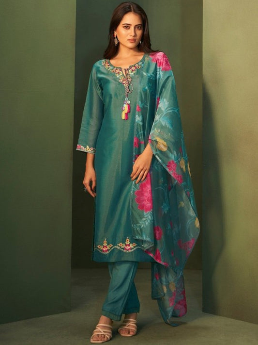 AUTUMN LANE Floral Embroidered Thread Work Straight Kurta with Trouser & Dupatta