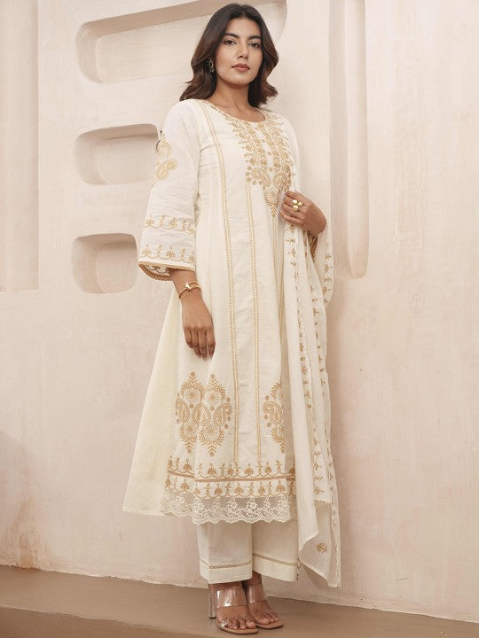 House of Pataudi Floral Embroidered Pure Cotton Kurta & Trousers With Dupatta