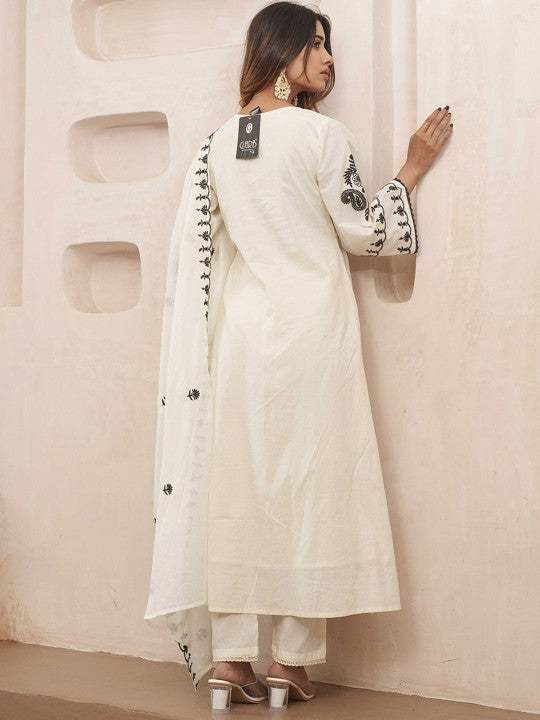 House of Pataudi Floral Embroidered Pure Cotton Kurta & Trousers With Dupatta